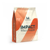 A sealed pouch of Myprotein Impact Whey Protein in orange and white colors with product details on the front.